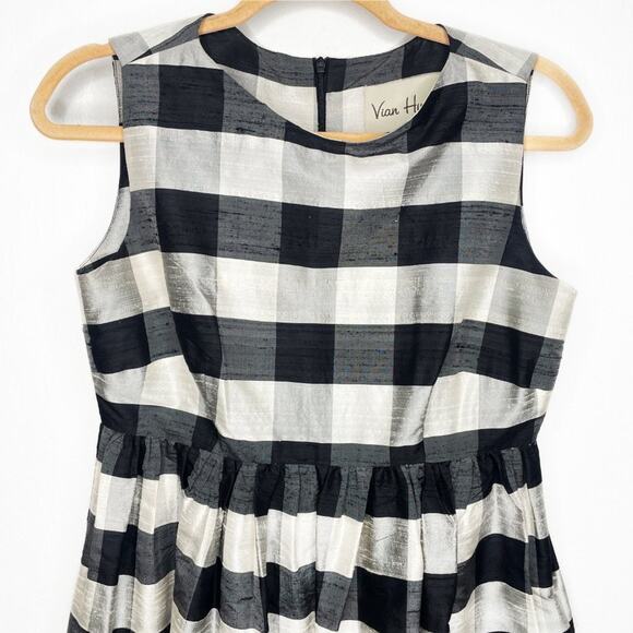 Vian Hunter Buffalo Plaid Retro Silk Sleeveless Pleated Fit and Flare Dress 6 - Picture 4 of 13